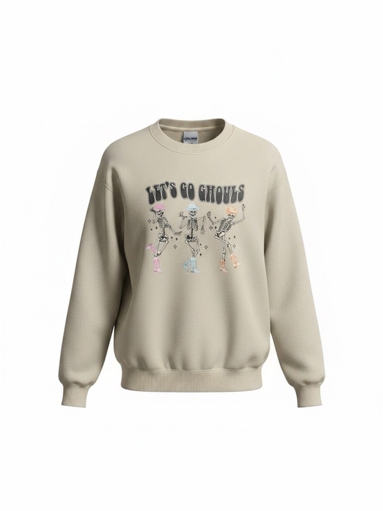 Unlnown Tops - Gildan Beige Crewneck Sweatshirt with 'Let’s Go Ghouls' Skeleton Graphic